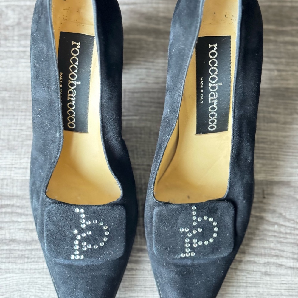 Rocco Barocco Vintage Black Surde Pumps Rhinestones Logo Made in Italy size 8